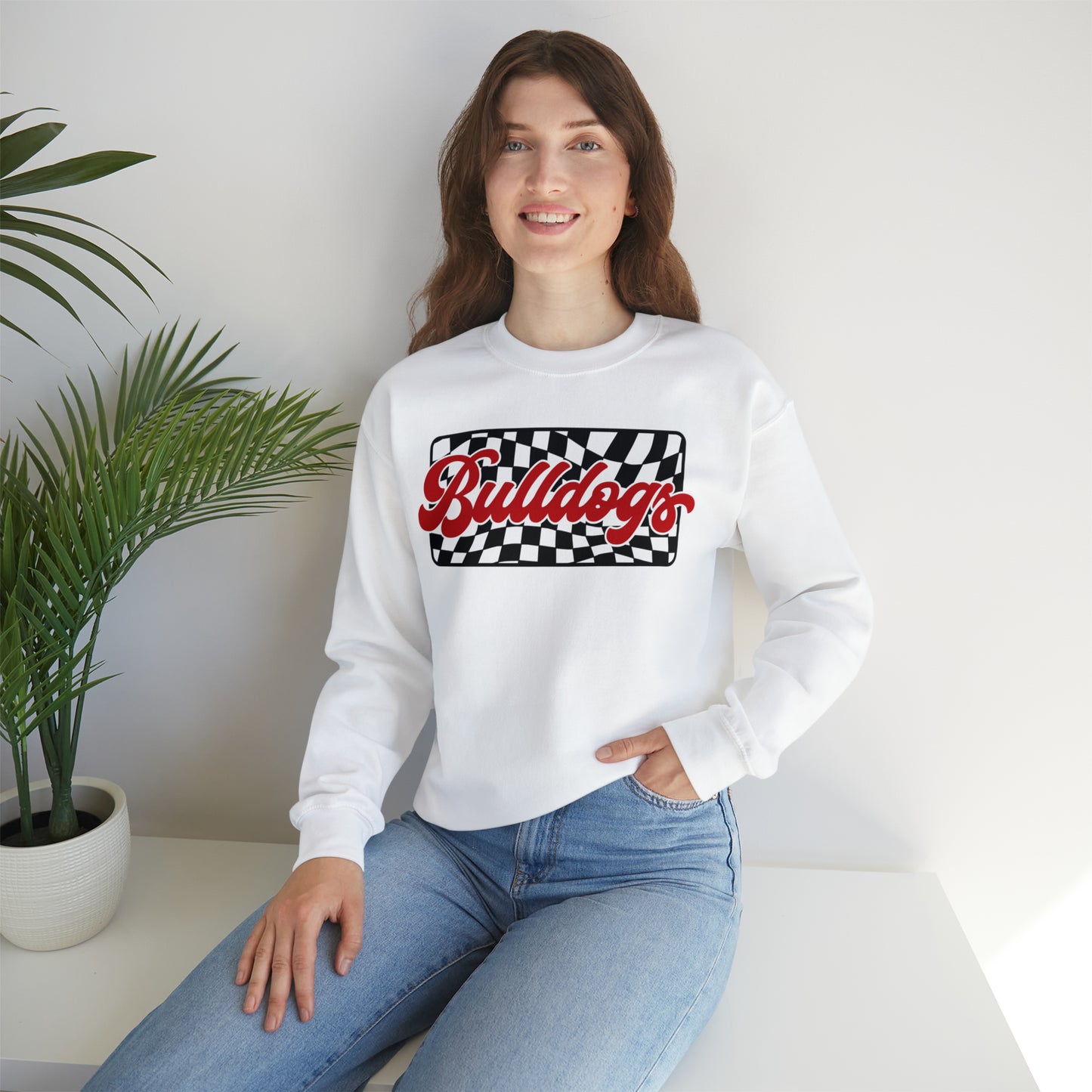 Bulldogs Checkered-White& Dark Red Crewneck Sweatshirt