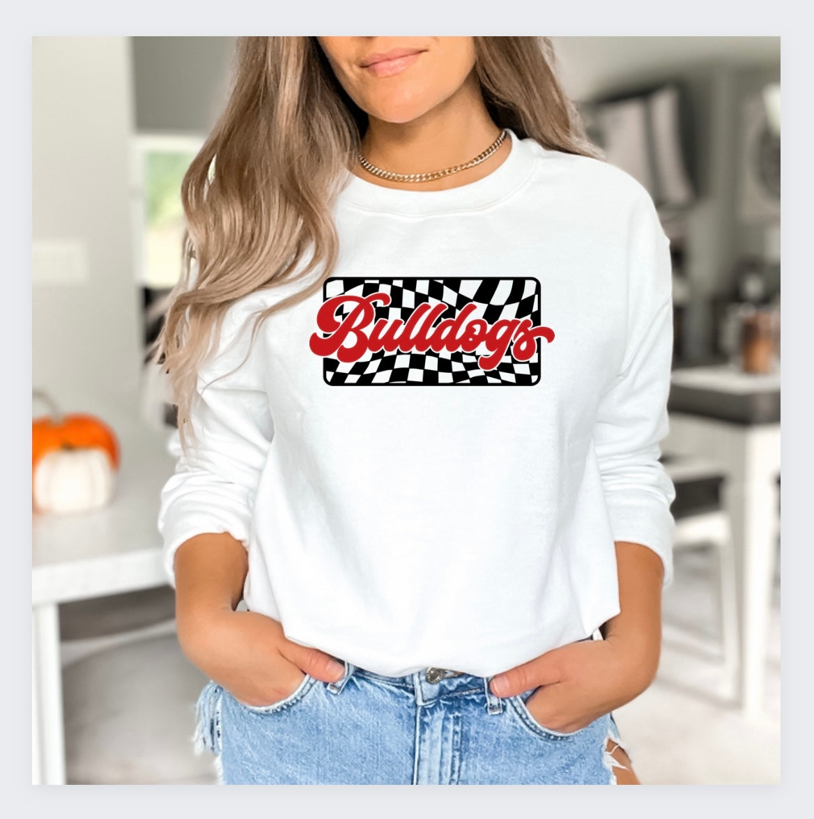 Bulldogs Checkered-White& Dark Red Crewneck Sweatshirt